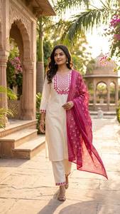 Women Straight Kurta Set with Embroidered Yoke Printed Dupatta Elegant Ethnic Suit Set with Designer Dupatta Festive Wear Kurti - Product Image 1