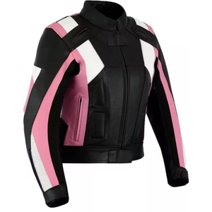 Blouson de moto unisexe en cuir respirant noir, rose et blanc, style motard décontracté, col montant, fermeture éclair - Product Image 2