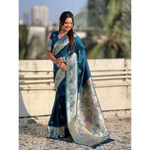 Denim Blue Chandrakor Paithani Silk Banarasi Zari Woven Saree <b>Indian</b> & <b>Pakistani</b> <b>Clothing</b> - Product Image 1