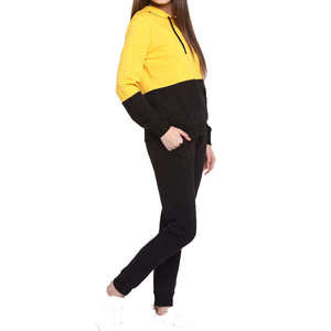 Ensemble de sweat-shirt à capuche pour femme, jaune et noir, à blocs de couleur, manches longues, tricoté, décontracté, 2 pièces, pour toutes les saisons - Product Image 2