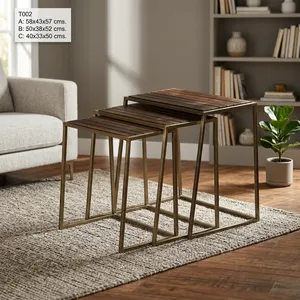Modern Nesting <b>Coffee</b> <b>Tables</b> <b>Set</b> Of Three Wood Top Gold Metal Frame Living Room Furniture - Product Image 3