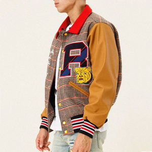 Veste universitaire à carreaux pour homme avec motifs de patchs, col rouge, logo brodé, style preppy d'automne, vêtements d'extérieur - Product Image 4