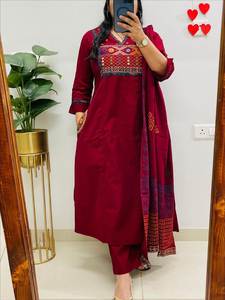 Rayon Slub Embroidered <b>Three</b> Piece Ethnic Set Women Top Bottom Pair with Mul Printed Dupatta Stylish Kurti Pant Outfit 45 Inch - Product Image 2