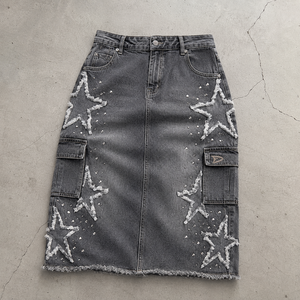 Falda vaquera deshilachada con estrellas, falda midi cargo gris lavada para mujer con pedrería, bolsillos estilo streetwear - Product Image 6