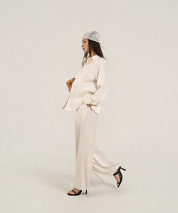 Ensemble long 2 pièces de luxe en soie mélangée tissée, haut à col et manches longues, décontracté, uni, élégant, respirant, pour femme enceinte et allaitante - Product Image 1