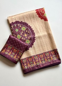ผ้าซารีไหมนุ่มพิเศษ Reglance Premium Nylon Jari Jacquard Dola ลายพิมพ์ดิจิทัลสไตล์ Ajrakh Bandhani พร้อมขอบผ้าปักดิ้นดิบสองชั้น - Product Image 5