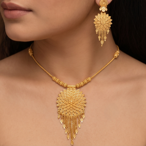 Divyoro Flower Pendant Necklace Set 24K Gold Plated <b>Copper</b> Alloy Women's Wedding Jewelry Classic Style Beaded <b>Chain</b> Earrings - Product Image 3