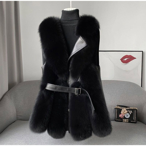 Gilet long de luxe pour femme en fausse fourrure, sans manches, épais, pour l'hiver, avec fermeture pull-over, couleur unie, col amovible, en polaire - Product Image 4