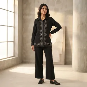 Ensemble chemise noire brodée et pantalon large pour femme, manches longues, motif floral, col chemise, élégant, décontracté, tenue de bureau, deux pièces - Product Image 5