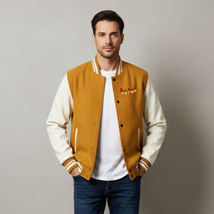 Custom Logo <b>Men's</b> Mustard Varsity <b>Jacket</b> <b>Cream</b> Sleeves Embroidered Logo Front Regular Fit Turn-down Collar Autumn Wear - Product Image 1