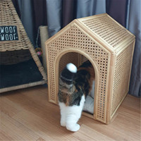 Maison pour chat rectangulaire à 2 étages, faite à la main, dernier design, tressée en rotin, faible MOQ, lit pour animaux de compagnie pour chiens, motif animalier, fabriqué au Vietnam