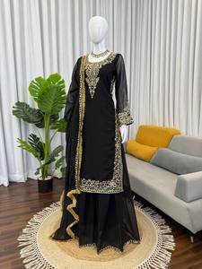 Elegant <b>Party</b> Wear Roman Glass <b>Top</b> Palazzo Set with Dupatta Fancy Sequence Work Embroidered Sleeves Outfit - Product Image 6