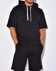 Men's Customized Colors Hooded Short Sleeve Sweatshirt Shorts Set Solid Color Casual Summer Outfit 2pcs Breathable Cotton French - Product Image 4