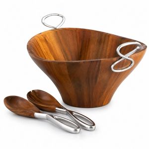 Ensemble de bols à salade en bois d'acacia faits à la main avec cuillères de service en bois, grand bol à fruits, décoration rustique pour la cuisine et la table à manger - Product Image 1