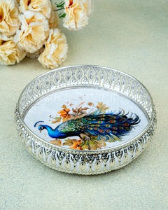 Luxury Round Peacock Print Metal Decorative Serving Tray Handmade <b>Silver</b> Iron Vanity Tray <b>Coffee</b> <b>Table</b> Centerpiece Display Plate - Product Image 2