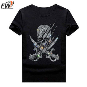 Camiseta Personalizada para Hombre con Pedrería en Toda la Superficie, Venta al por Mayor, Cuello Redondo, Manga Corta, Color Negro, Decoración con Fijación Térmica, Marca Privada - Product Image 4