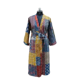 Ajrakh Assorted Patchwork Maxi Gown Dress Handmade Kimono Style Kantha Sleepwear Wholesale Multi-Colour Indian Cotton Bathrobe