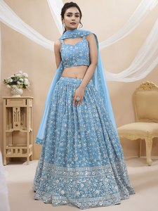 Lehenga Choli en Georgette Brodé Bleu Ciel Semi-Couturié, Tenue Indienne avec Dupatta, pour Mariage et Cérémonie Sangeet - Product Image 2