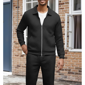 Men's Black <b>Knitted</b> Tracksuit <b>Set</b> Stand Collar Zipper Casual Autumn Wear Breathable Solid Color Polyester Sportswear - Product Image 4