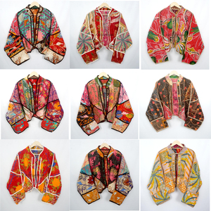 Lightweight Vintage <b>Kantha</b> Quilted 100% Cotton <b>Jackets</b> Block Print Design Open Front Long Coat Casual Outerwear All Season Women - Product Image 1