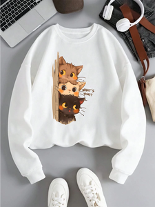 Sweat-shirt à capuche basique sportif pour l'automne-hiver 2026 avec impression 'Trois petits chats vous observent discrètement' - Product Image 2