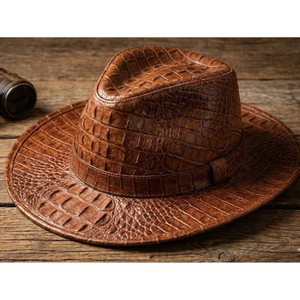 Chapeau de cowboy en cuir marron brodé à motif, style Fedora à large bord, formel, style western, unisexe, pour l'extérieur - Product Image 1