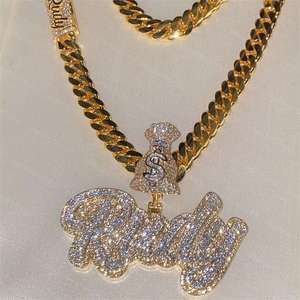 Collar con colgante de plata 925 chapado en plata, estilo hip hop, con diamantes de imitación, bolsa de dinero y dije con nombre para hombre, para uso diario. - Product Image 1