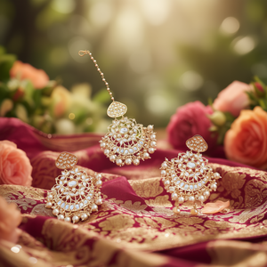 Bridal Kundan Style Chandbali Earrings with Maang Tikka Set in Gold Plated Zircon - Product Image 1