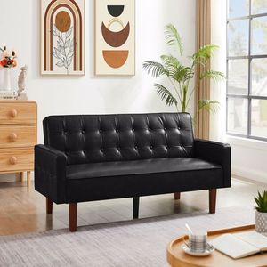 Sofá Cama Doble Convertible Negro con Botones Decorativos, Tapizado en Cuero PU, Patas de Madera Extraíbles para Sala de Estar - Product Image 2