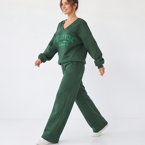 Ensemble de survêtement décontracté vert pour femme, col en V, coupe ample, imprimé, manches longues, en molleton de coton, pantalon oversize - Product Image 6