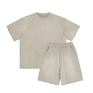 Ensemble T-shirt et short en molleton polyester/coton pour homme, qualité supérieure, col rond, décontracté, été, tissé, respirant, 2 pièces, unisexe - Product Image 4