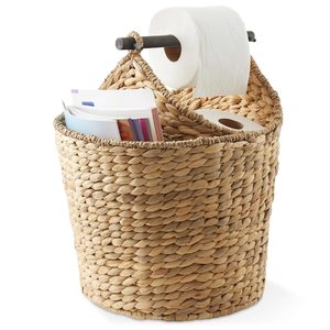 Bathroom <b>Roll</b> Organizer Water Hyacinth Sustainable Woven Storage Basket with Paper <b>Holder</b> Side Pocket Natural Wholesale Bulk B2B - Product Image 1