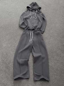 เสื้อฮู้ดมีซิปหน้าสีพื้นแบบยูนิเซ็กซ์ แขนยาว มีเชือกผูกเอว กางเกงวอร์มสตรีทแวร์ทรงหลวมโอเวอร์ไซส์สำหรับฤดูหนาว - Product Image 6