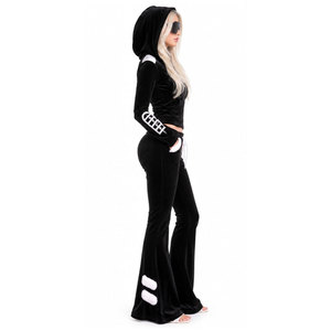Ensemble de survêtement à capuche en velours noir pour femme, manches longues, fermeture éclair sur le devant, vêtements décontractés d'automne, sweat-shirt et pantalon avec accents blancs - Product Image 3