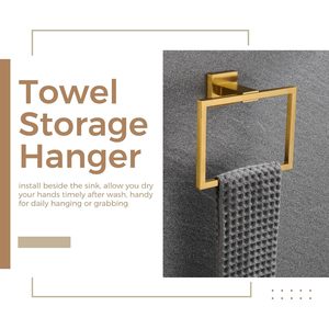 Modern Gold Hand Towel Ring <b>Wall</b> Mounted Bathroom Towel Holder Square Brushed Brass Finish Stainless Steel Hand Towel Rack - Product Image 3
