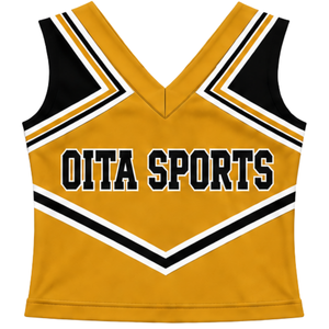 Haut d'uniforme de cheerleading jaune moutarde sans manches à col en V pour femmes et filles, idéal pour les compétitions de danse et le sport en équipe - Product Image 1