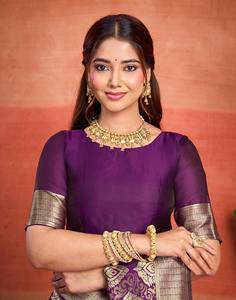 Purple Silk <b>Saree</b> With Gold Zari Work Traditional Wedding Wear <b>For</b> <b>Women</b> Floor-Length Regular Fit Wrinkle Free - Product Image 4