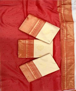 Traditional Indian Silk <b>Saree</b> With <b>Red</b> And Orange Border For Wedding Wear Women's Floor Length Sari Classic Design - Product Image 4