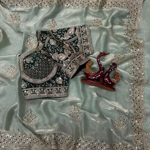Premium Designer <b>Satin</b> <b>Saree</b> with Rich Embroidery Sequence Work, Heavy Border, Butta Design & Ready Blouse - Product Image 5