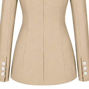 Blazer beige sur mesure pour femme, croisé, coupe ajustée, manches longues, veste de costume formelle pour le bureau avec poitrine structurée - Product Image 6
