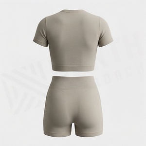 Women's 2 Piece Knitted Sports Set <b>Short</b> Sleeve Crop <b>Top</b> <b>and</b> High Waist <b>Shorts</b> Solid Color Breathable Sporty Fit Spring Summer - Product Image 2