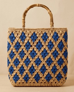 Sac fourre-tout en crochet écologique, motif losanges bleus, style bohème, ouverture supérieure, doublure en coton, sac à main d'été pour femme - Product Image 1