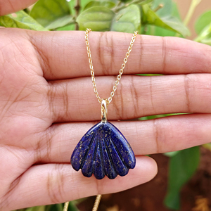 Natural stone lapis lazuli hand caved scallop shell pendant <b>with</b> tiny blue zirconia inlaid gold plated women jewelry necklace - Product Image 6