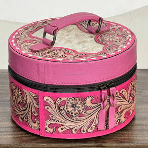 Estuche de Joyería de Cuero Rosa Floral Hecho a Mano, Caja de Almacenamiento de Joyería Redonda Portátil de Cuero Genuino de Vaca de Lujo para Mujer - Product Image 4