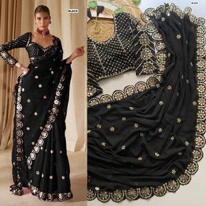 Sari en Georgette de créateur indien, dernière collection exclusive, pour mariages et fêtes, séchage rapide, toutes saisons, pour femmes - Product Image 3