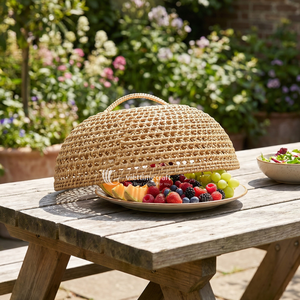 Woven Rattan Natural Beige Food Cover Dome Artisan Open-Weave Mesh <b>Table</b> Cloche Eco-Friendly Fruit Pastry <b>Protector</b> Outdoor - Product Image 6