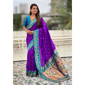 <b>Purple</b> Zari Woven Rajhans Swan Paithani Silk <b>Saree</b> Indian & Pakistani Clothing Elite Weaves 650g - Product Image 1