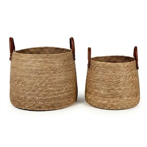 Panier rond en jonc de mer fait main avec poignées en cuir, paniers de rangement tissés, décoration de salon, produits d'organisation domestique - Product Image 1