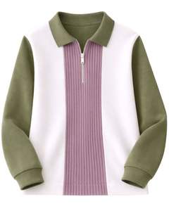 Sudadera Polo Personalizada para Hombre, Verde Oliva, Rosa y Blanca, con Cierre de Cremallera de un Cuarto, Paneles Acanalados, Estilo Casual, de Forro Polar, Manga Larga, Ropa Urbana - Product Image 1