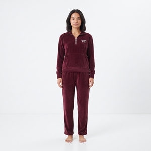 <b>Women's</b> Casual Velvet 2 Piece Burgundy Fleece Sweatsuit Half <b>Zip</b> <b>Top</b> Wide Leg Trousers Winter Velour Tracksuit Set - Product Image 1